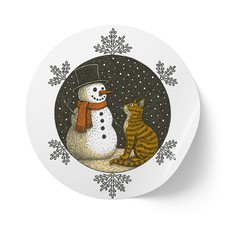 Bulk Holiday Snowman Cat Round Sticker Label Rolls, Glossy Christmas Gift Seals