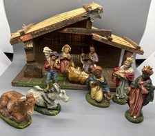 Vintage Christmas Nativity Manger Set ~ Stable + 9 Figures ~ Made In Italy