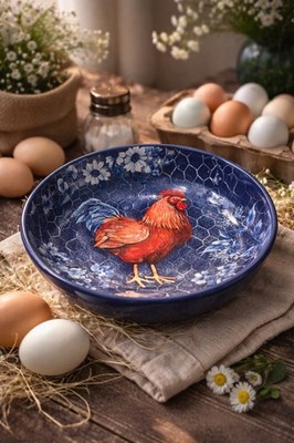  Red Rooster Blue Bowl Country Farmhouse