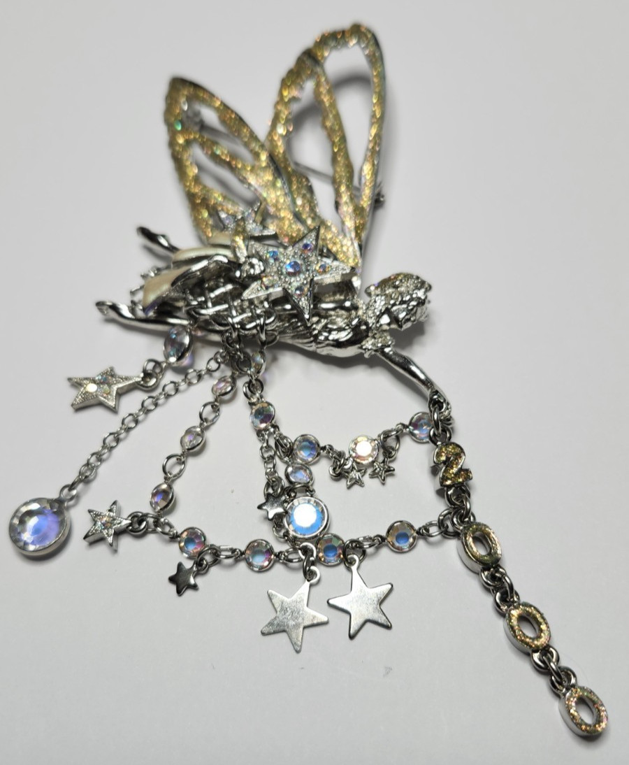 VTG Kirks Folly Fairy Brooch Charms Aurora Borealis Pin Large Wings Dangle Stars