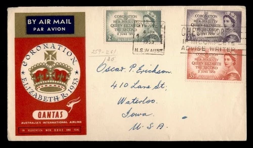 DR WHO 1953 AUSTRALIA FDC? QEII CORONATION QANTAS AIRMAIL w30866
