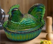 Covered Rooster on Ribbed Base - Hunter Green Carnival - Orig Westmoreland Mold