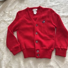Vintage Child s Knit Cardigan Sweater Red Made In USA V-neck By Sears Sz 4/5
