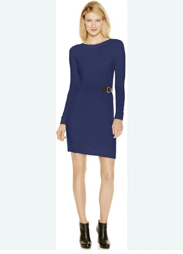 Abito maglione Michael Kors blu navy pelle manica lunga silenzioso lusso medio