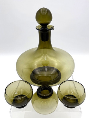 7'' Olive Green Peedee Genie Decanter & 3 Glasses Aperitif Liqueur Italian Husted