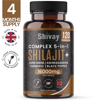 SHIVAY HERBALS Shilajit 16000mg with Ashwagandha, Lions Mane, Turmeric, Pepper - 120 Vegan Caps