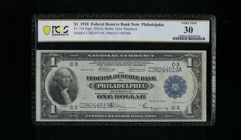 SC 1918 $1 Fr.716 Philadelphia, PA FRBN PCGS 30 Very Fine (519A) - Image 2 of 4