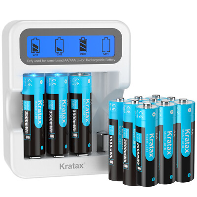 Kratax Rechargeable Lithium AA Batteries 3500mWh 4 Count and AAA