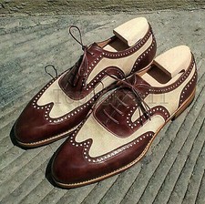 Handmade Men's Leather Two Tone Oxford Beige Maroon Premium Quality Shoes-745