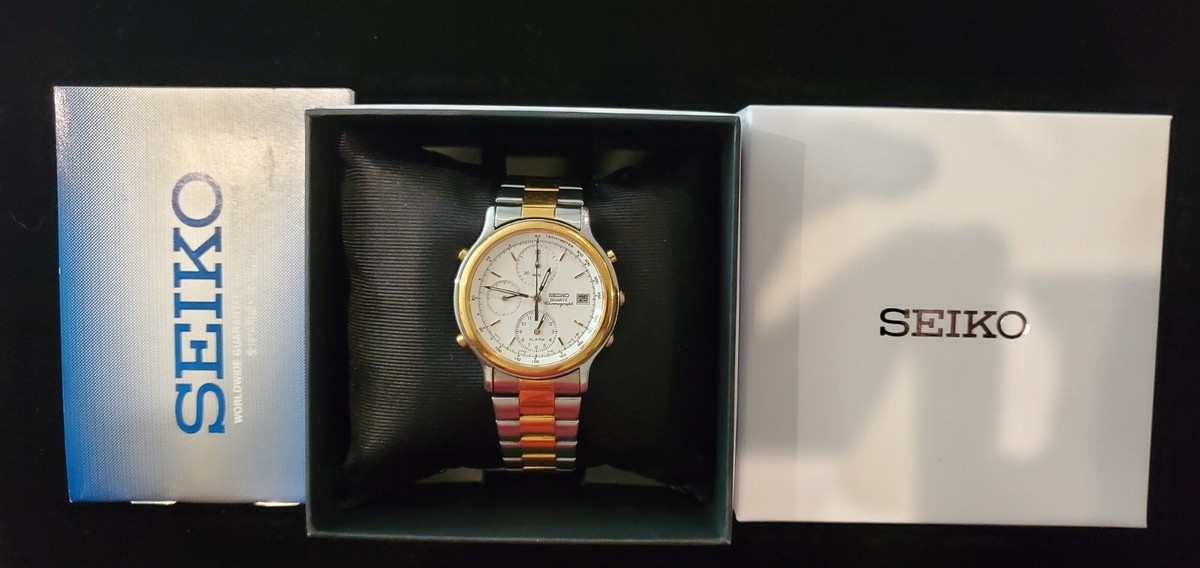 Vintage Seiko 7T32 6A7W Alarm Chronograph Two Tone Quartz Mens Watch