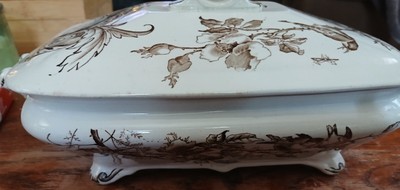 Aesthetic Movement Brown Transferware Staffordshire Covered  Tureen Melrose Bird