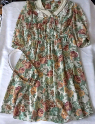 Vtg Carriage Court Women's Size 16 Dress Semi-sheer Floral Midi Lace Collar Belt