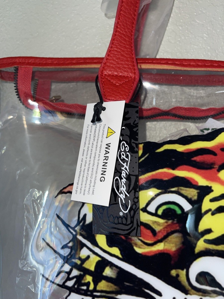 エドハーディーバック Ed Hardy Tiger PVC Tote Bag Women's Clear See-Through Red