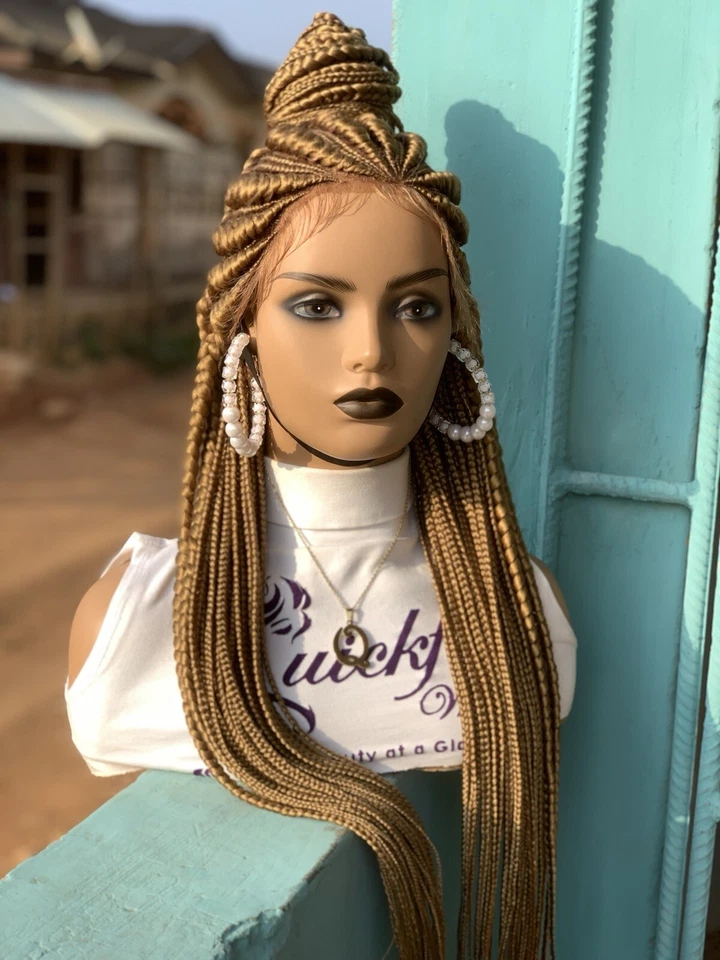 Peluca frontal de encaje sin nudos, trenzas Cornrow, peluca para mujer negra, peluca de encaje completa Foto 3 de 4