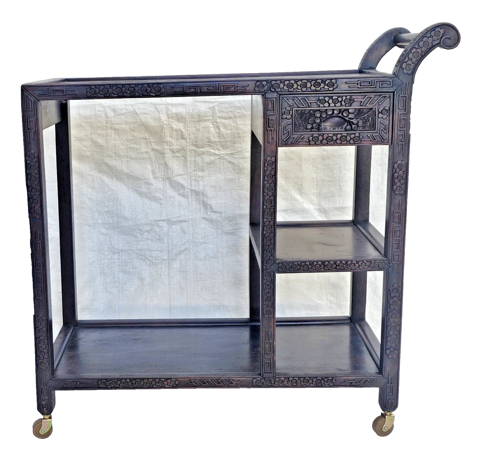 Carro de bar Chinoiserie vintage carro de té - madera tallada a mano - marcado Hong Kong Foto 3 de 4