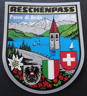 Souvenir-Aufkleber Reschenpass Passo di Resia Alpen See Kirche Südtirol Caravan