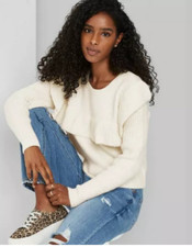 Wild Fable Women's Pullover Ruffle Sweater Dogbone Ivory Cream NWT Size Small