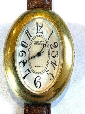 RARE Vintage Women's Fossil Collection Ellipsis Oval Face Leather Band Watch