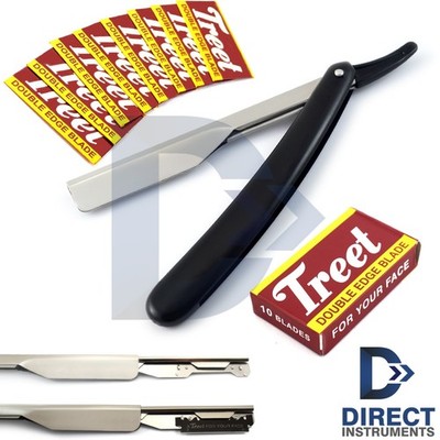 Barber Hair Shaving Razor Folding Knife Black Handle With Free Pack Of 10 Blades