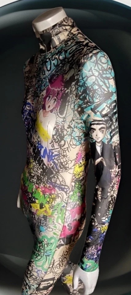 DSQUARED2 Skin Punk Mesh Bodystocking Anime & Graffitti Sz L Catsuit - Image 3 of 4