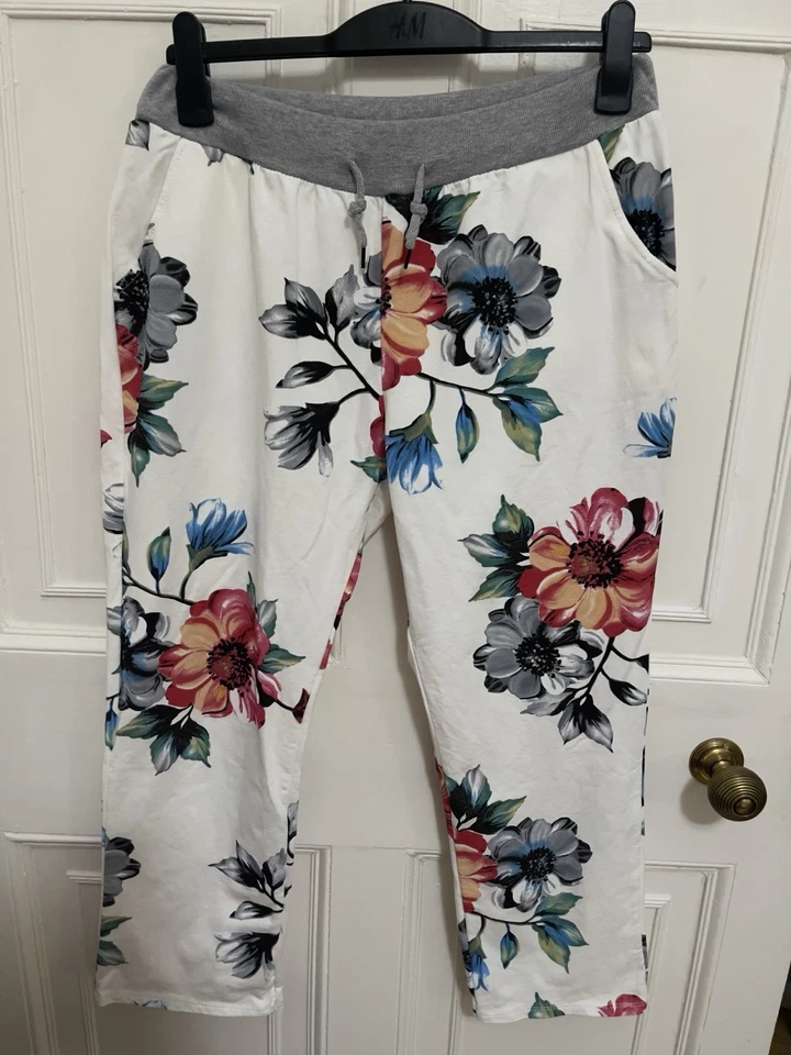 New Floral Cotton High Elasticated Waist Pockets Relaxed Italian Pant Woman L  - Image 2 of 4