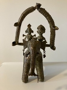 Indian Elephant Oil Lamp Ganesha Tribal Metal Sculpture - FREE SHIPPING