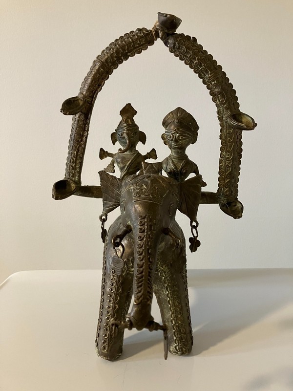 Indian Elephant Oil Lamp Ganesha Tribal Metal Sculpture - FREE SHIPPING