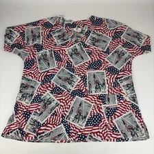 White Cross Scrubs Top Womens Size XL (estimated) American Heros Flag Print