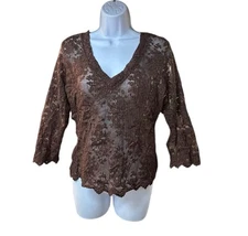 Moda International Brown Lace Top Scalloped Hem V Neck 3/4 Sleeve Sheer Y2K READ