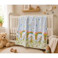 Vintage Teddy Bear Rainbow Hot Air Balloon Baby Receiving Blanket Nursery Cotton
