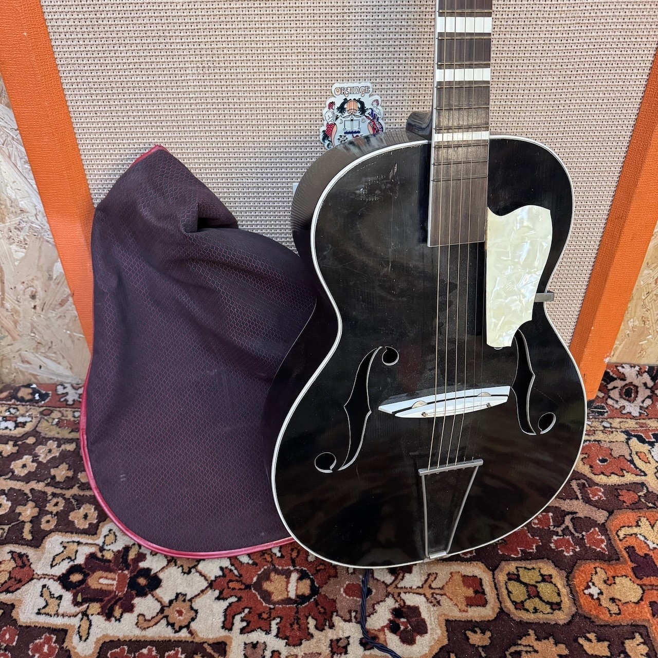 Vintage 1950s Black German Archtop Acoustic Guitar w /  Case