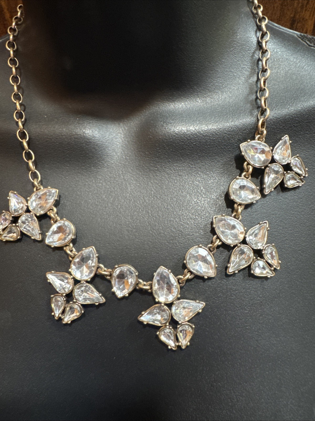 Vintage 1950s Gold-Tone Chain Link Rhinestone Floral Statement Necklace