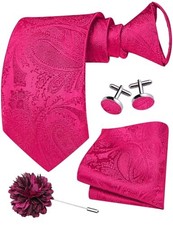 Zipper Ties for Men Pre-Tied Tie Set Silk Paisley Adjustable Necktie Hot Pink