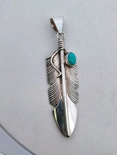 Vintage "CC" Chris Charley Navajo Sterling Silver Turquoise Feather Pendant