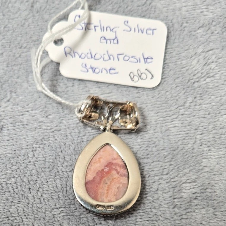 Sterling Silver Rhodochrosite Stone Teardrop Pendant Necklace Women - Image 4 of 4