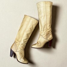 Vintage 70s Knee High Leather Boots Tan Zodiac Stacked Wood Heel 6.5