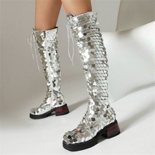 Women's Lace Up Knee High Boots Glitter Sequins Decor Fashion Party Dance Shoes
