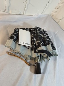 Coach Signature Mini Umbrella Black Gray C Print Wrist Strap Compact