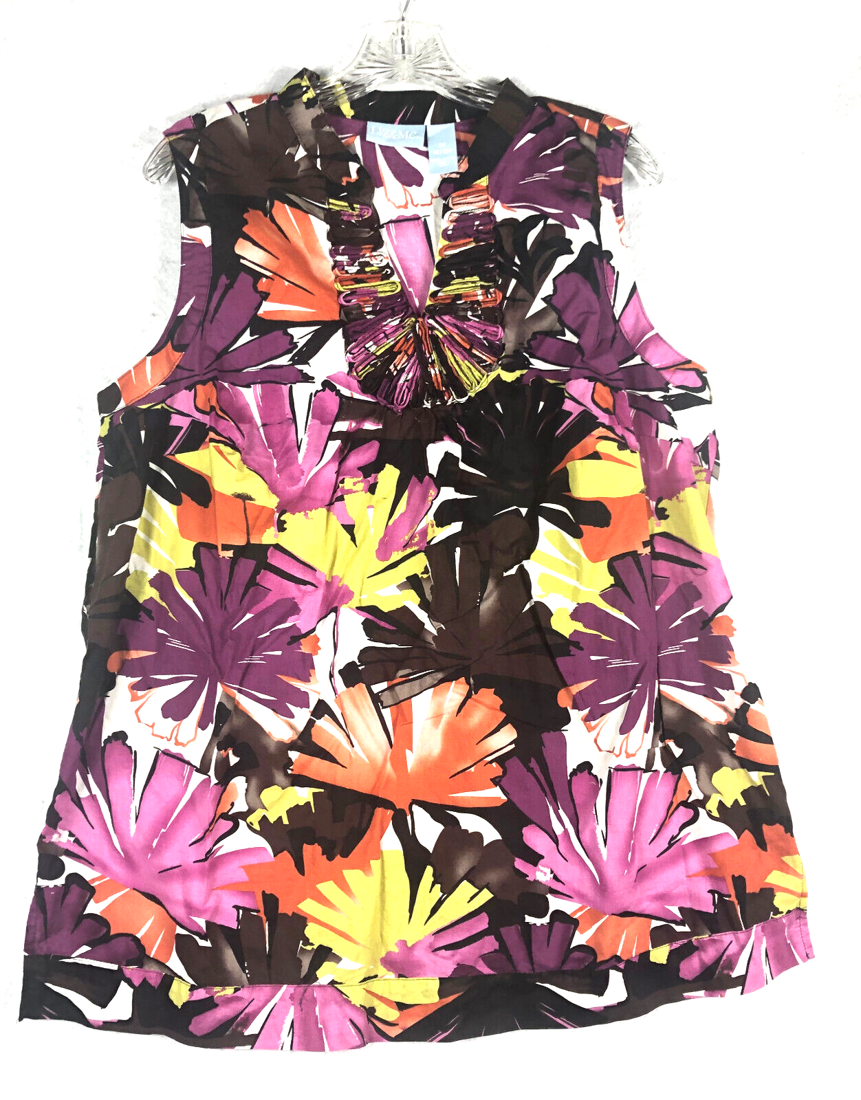 Liz & Me Sleeveless Floral Cotton Blouse Black Multi Color Summer Top