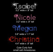 Custom small Name letters in tiny curly FONT iron-on rhinestone transfer