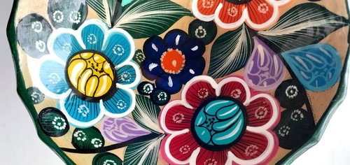 Vtg Mexican Hand Painted Footed Pottery Bowl Flowers Colorful Folk Art Boho 5.75 - Picture 3 of 7