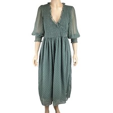 ASOS Design Green Smocked Midi Dress Size 6 Ruffle Trim & Puff Sleeves