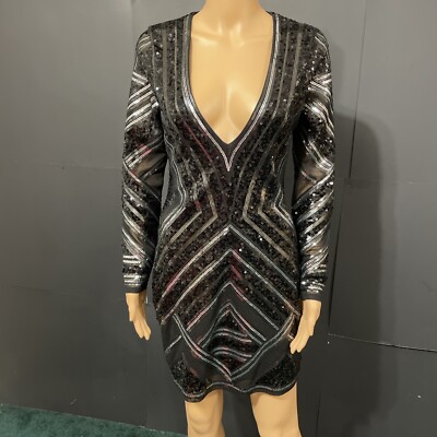 express black and silver sequin dress Express Sequin Black Double V neck Lined Party Cocktail Dress Size XS