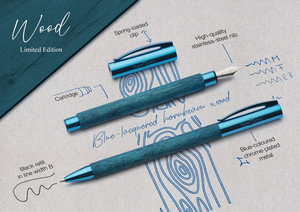 Pluma Estilográfica Faber-Castell Ambition en Madera Azul - Punta Fina - NUEVA en Caja Foto 3 de 3