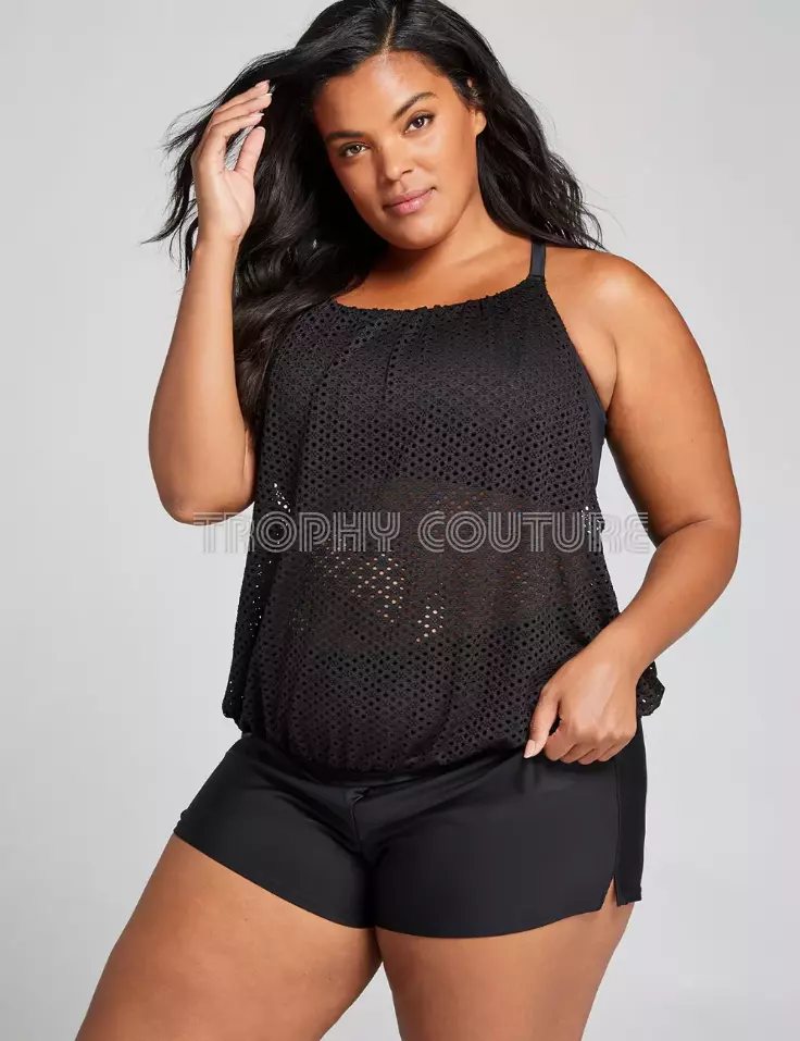 LANE BRYANT CACIQUE SWIM BLACK CROCHET MESH NO WIRE BRA BLOUSON