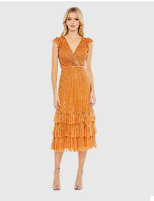 MAC DUGGAL 5585 SEQUINED WRAP OVER CAP SLEEVE RUFFLE HEM BURNT ORANGE DRESS sz 6