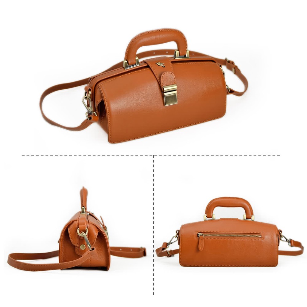 Erivis Genuine Leather Women’s Doctor Bag Brown with Crossbody Strap and Handles