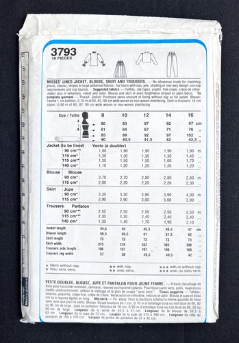 Style 3793 Misses Jacket-Blouse-Skirt-Trousers Vintage 1982 Pattern 8-12 Uncut - Picture 2 of 2