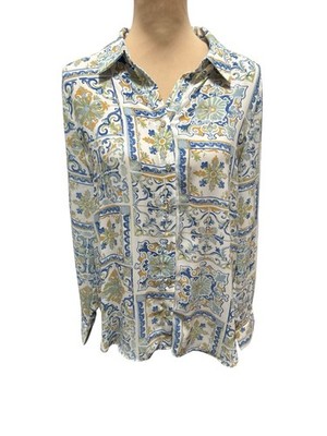 Rose & Olive Floral Tile Button Tunic Long Sleeve Blouse Top Boho Women's  Large
