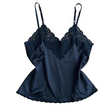Vintage Black Satin Lace Trim Camisole Tank Top Grunge Coquette Size Small